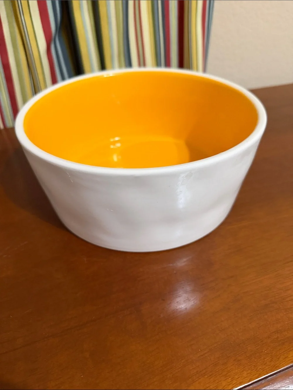 Rae Dunn White Dog Bowl with Orange Interior - 'DEVOUR'